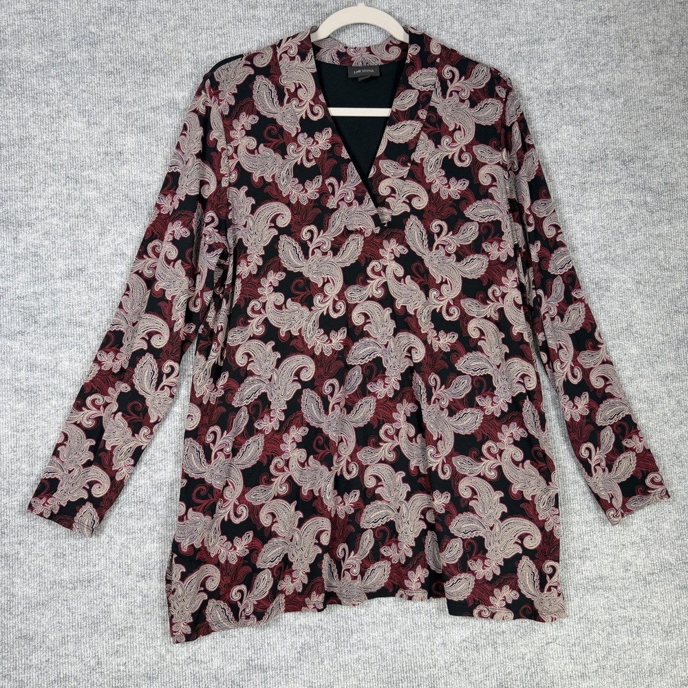 J. Jill Wearever Size-L Womens Tunic Black Burgundy  Paisley V-Neck